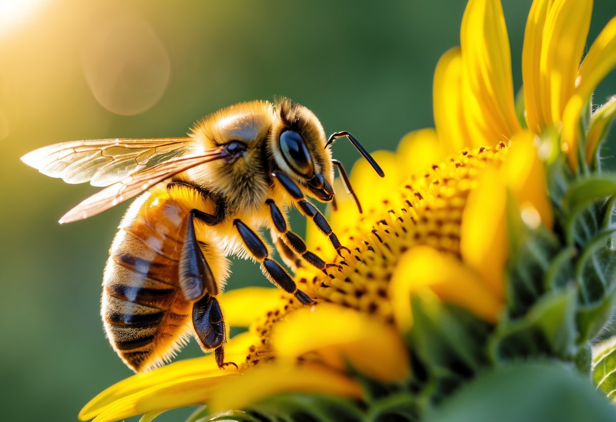A honeybee collecting pollen on a yellow sunflower with a blurred green and golden background.
