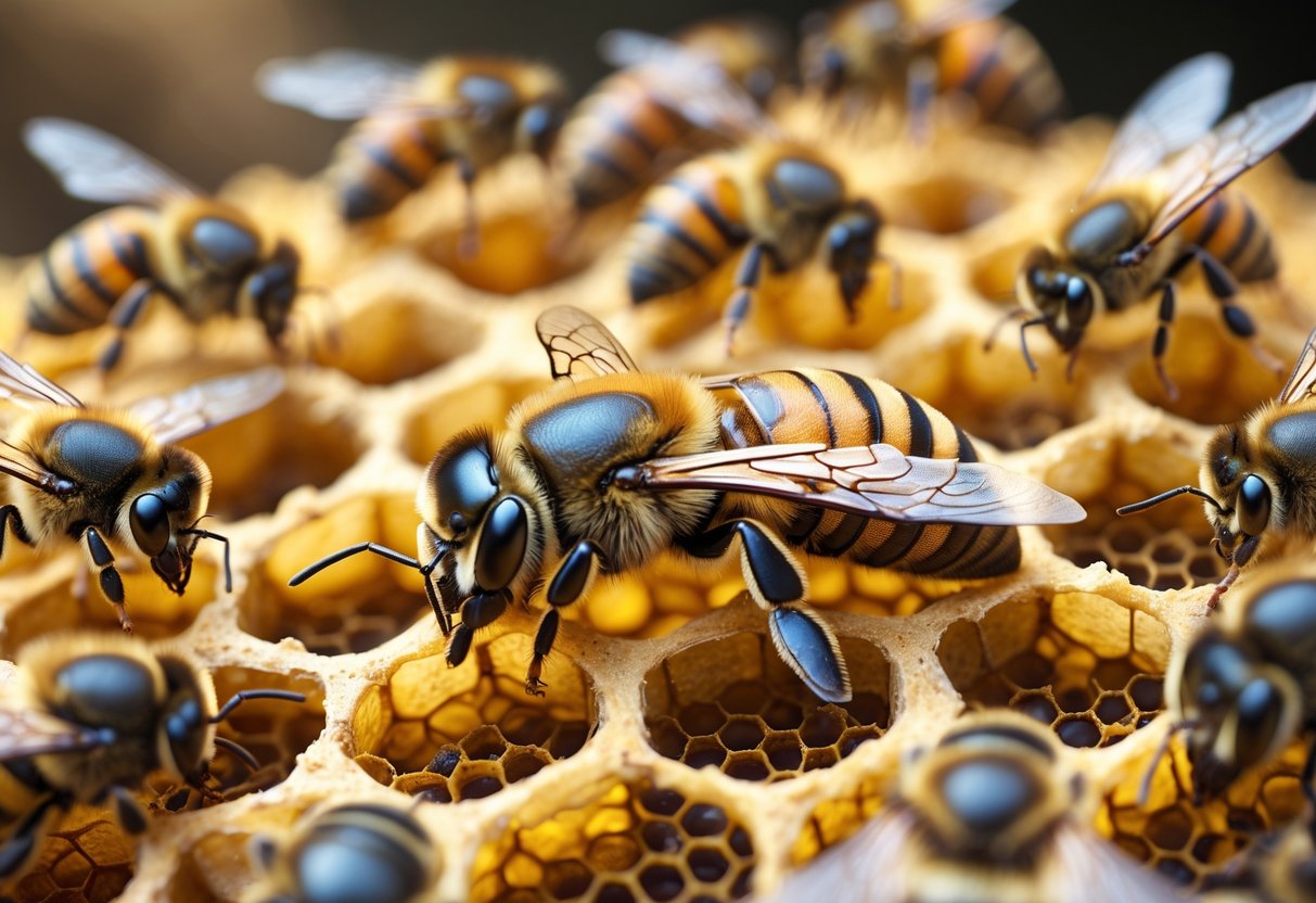 Close-up of a queen bee on a honeycomb surrounded by worker bees inside a beehive.
