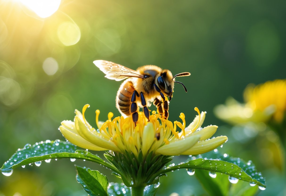 A honeybee hovering near a yellow flower with green foliage in the background.