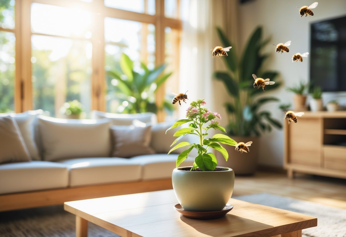 A few honeybees hovering near a potted plant inside a bright living room with sunlight and cozy furniture.