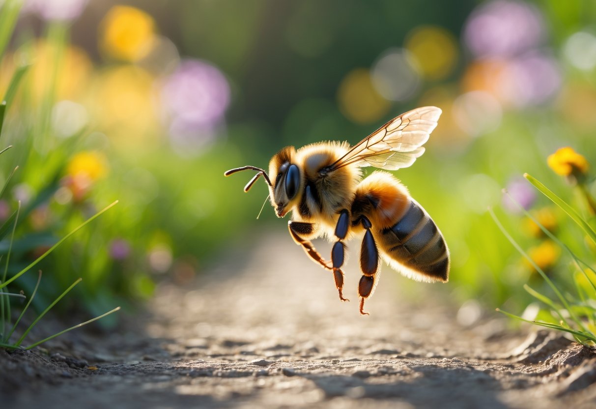 A bee flying over a sunlit garden path with green grass and colorful flowers in the background.