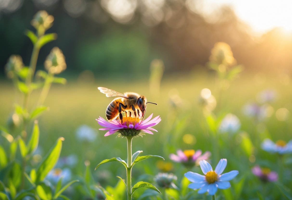 A honeybee landing on a colorful wildflower in a sunlit meadow with green foliage in the background.
