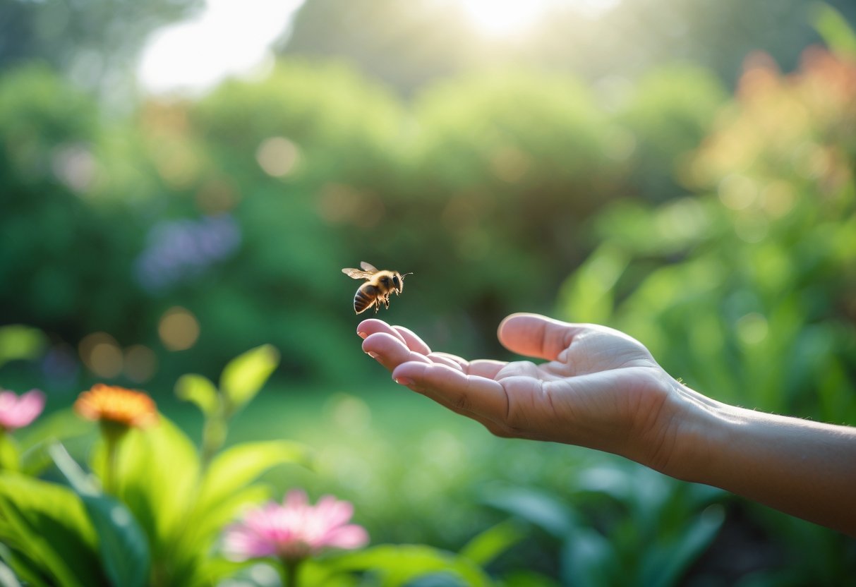 A bee flying near a person's outstretched hand in a garden with green plants and flowers.
