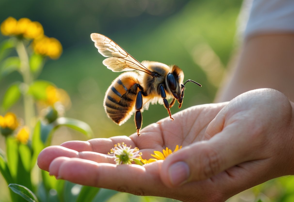A bee hovering near a person's open hand outdoors with green plants in the background.