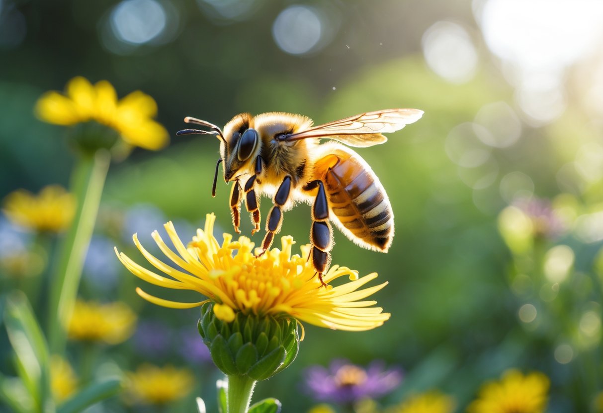A honeybee hovering near a yellow flower in a garden with green foliage in the background.