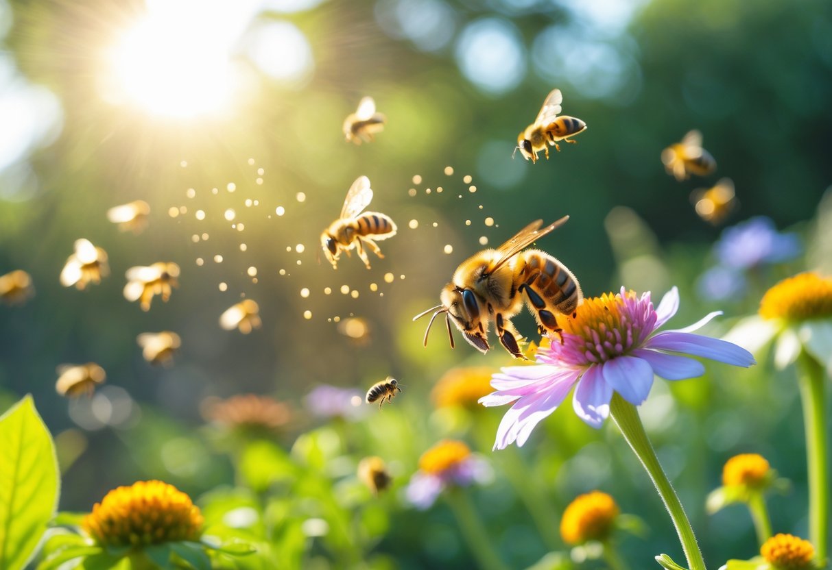 A close-up of a honeybee hovering near a flower in a sunlit garden with other bees flying around.