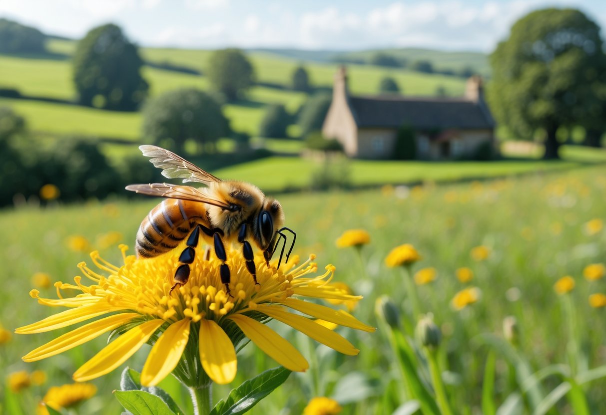 A honeybee resting on a yellow wildflower in a green meadow with rolling hills and a stone cottage in the background.