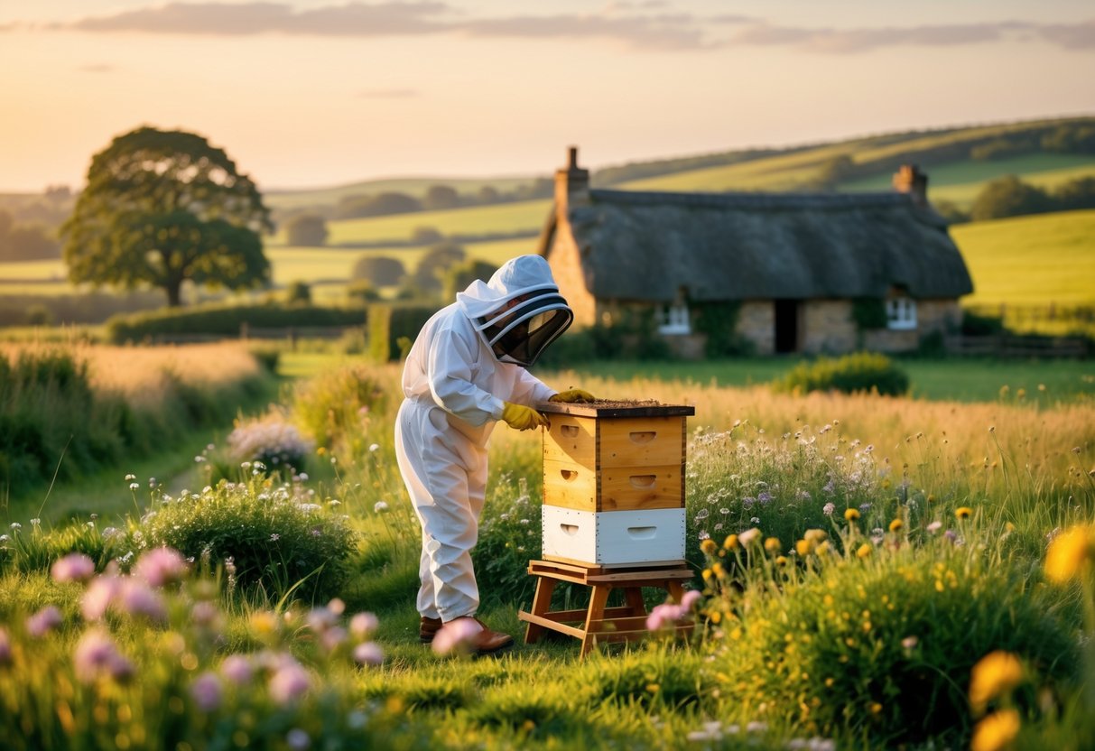 A beekeeper tending a wooden beehive surrounded by wildflowers in a green rural landscape with a thatched cottage and hills in the background.