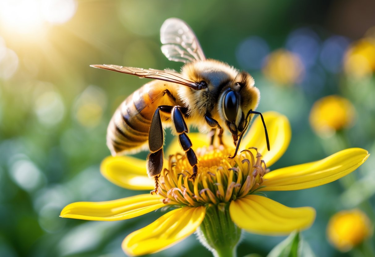 A honeybee collecting nectar on a yellow flower in a garden.