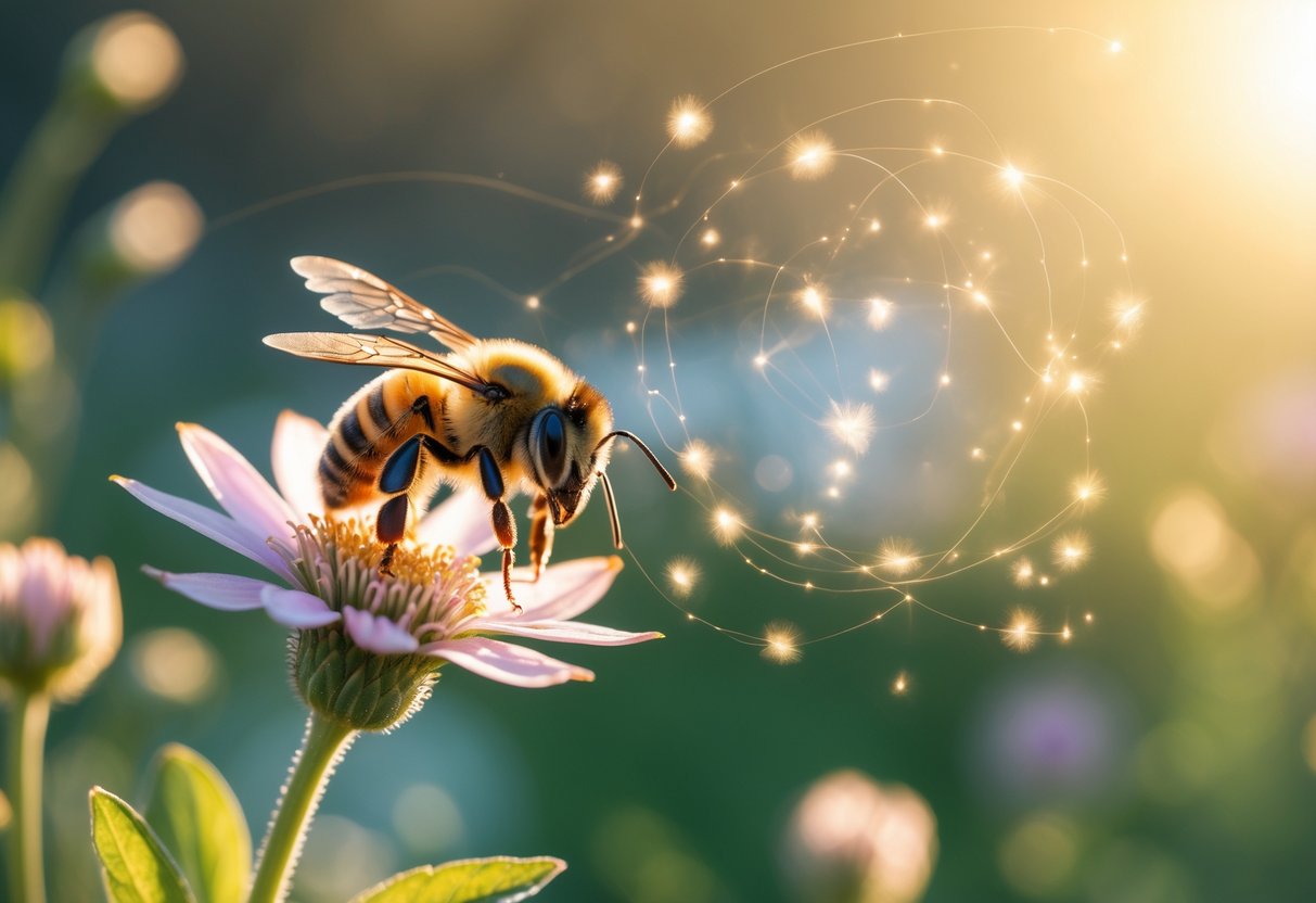 A close-up of a bee perched on a flower with soft sunlight and greenery in the background.