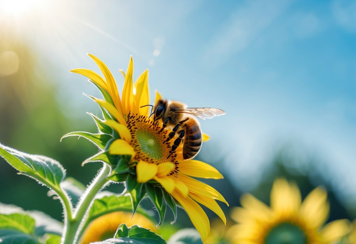 A honeybee resting on a bright yellow sunflower with green leaves and a blue sky in the background.