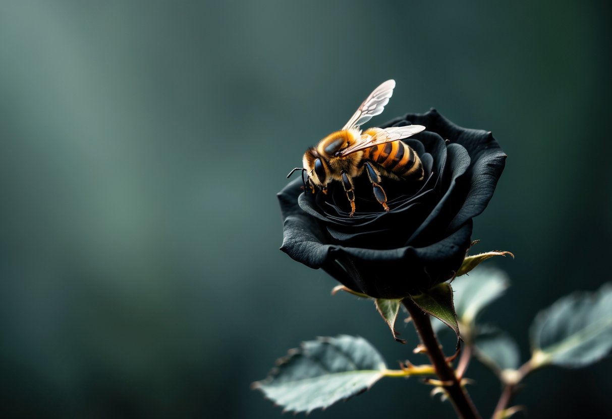 A close-up of a bee sitting on a withered black rose with a dark, blurred background.