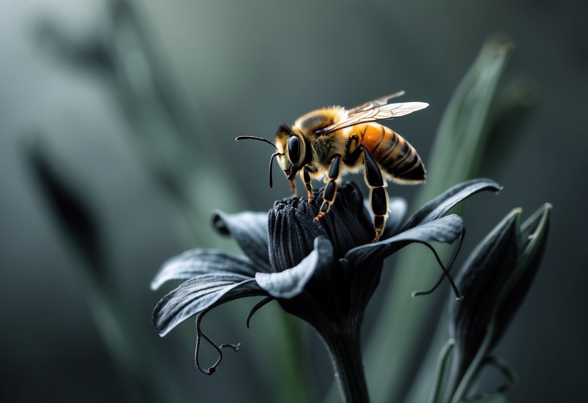 Close-up of a bee sitting on a dark, wilted flower with a blurred background suggesting themes of life and death.