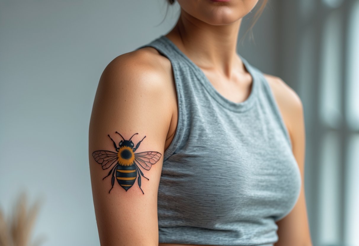 A young woman showing a detailed bee tattoo on her upper arm with a calm expression.