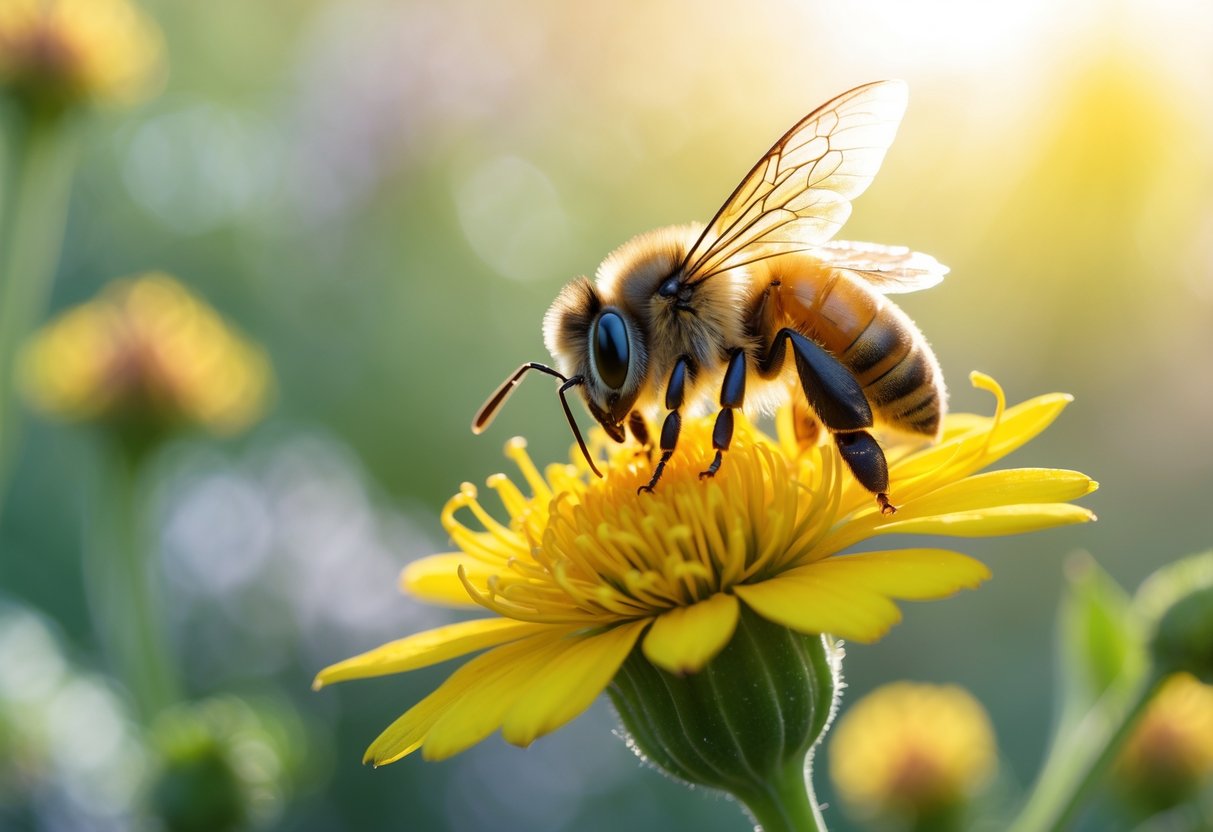 Close-up of a bee resting on a yellow flower with green foliage in the background.