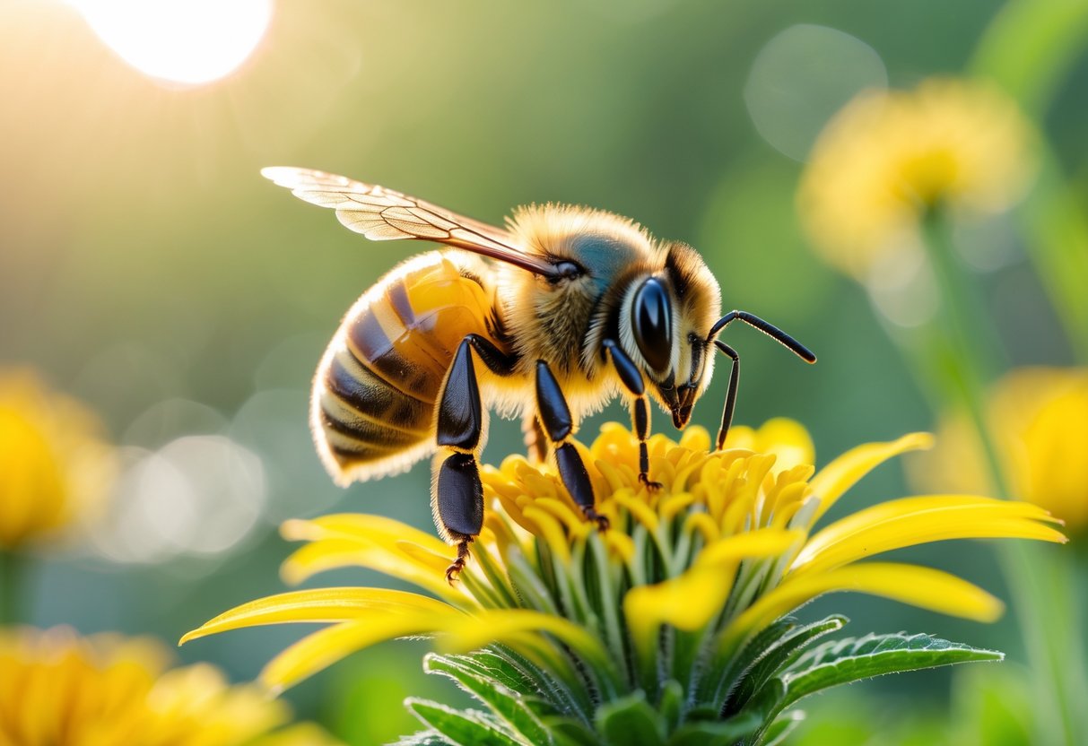 A honeybee sitting on a yellow flower in a natural outdoor setting.