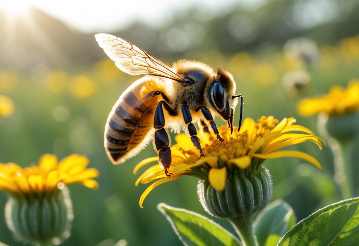 A honeybee resting on a yellow flower in a sunlit meadow with green leaves and wildflowers in the background.