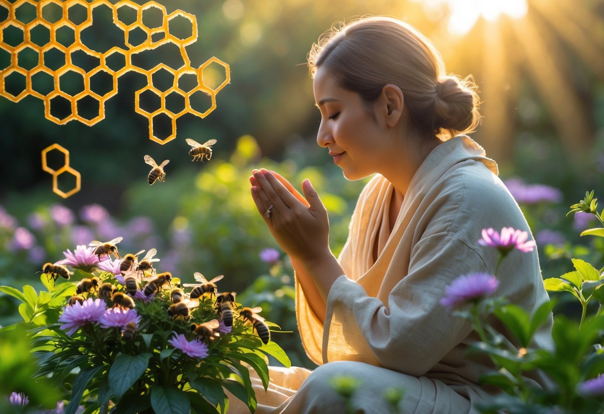 A person gently whispering to bees on blooming flowers in a sunlit garden, conveying a peaceful and spiritual connection with nature.