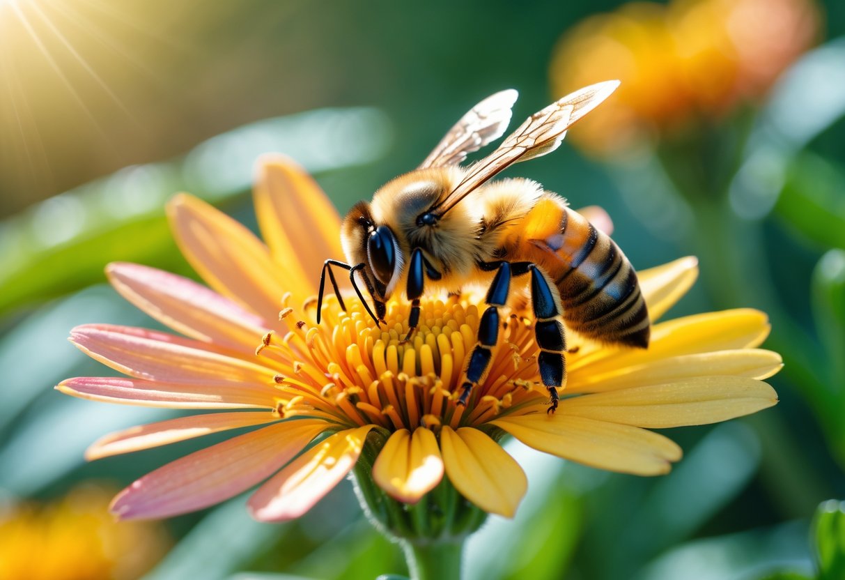 A honeybee collecting nectar from a bright yellow and orange flower surrounded by green leaves.