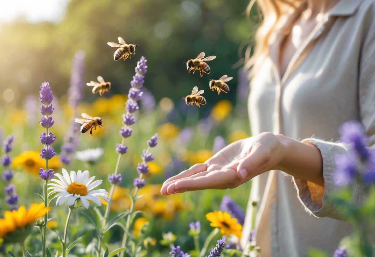 A person in a garden with colorful flowers, with bees flying nearby and one bee approaching their outstretched hand.