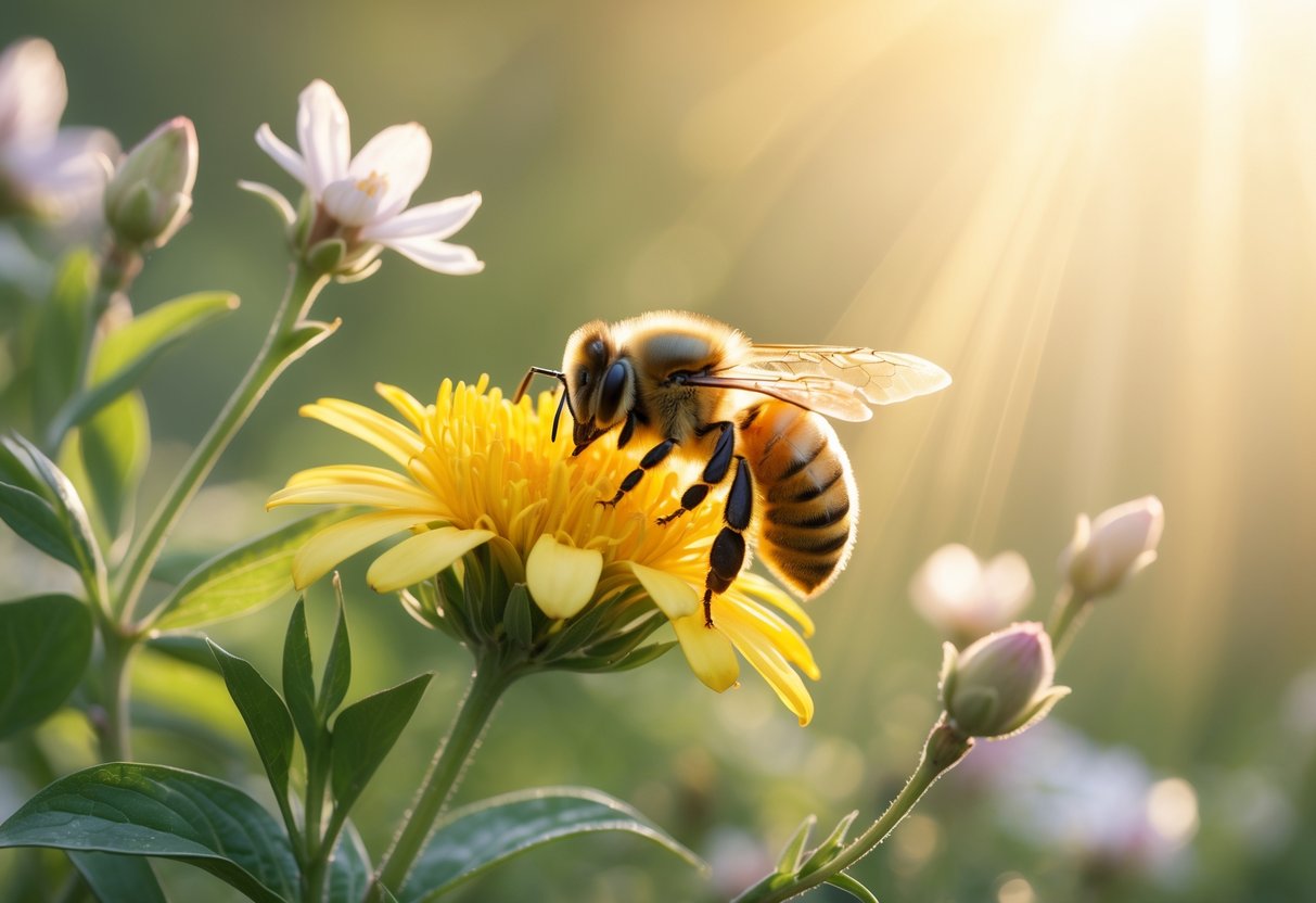 Close-up of a honeybee on a yellow flower surrounded by green leaves with soft sunlight and a gentle glowing background.