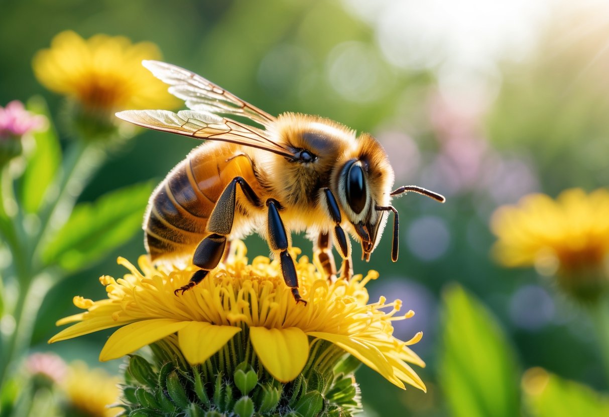 A honeybee sitting on a yellow flower with green foliage in the background.