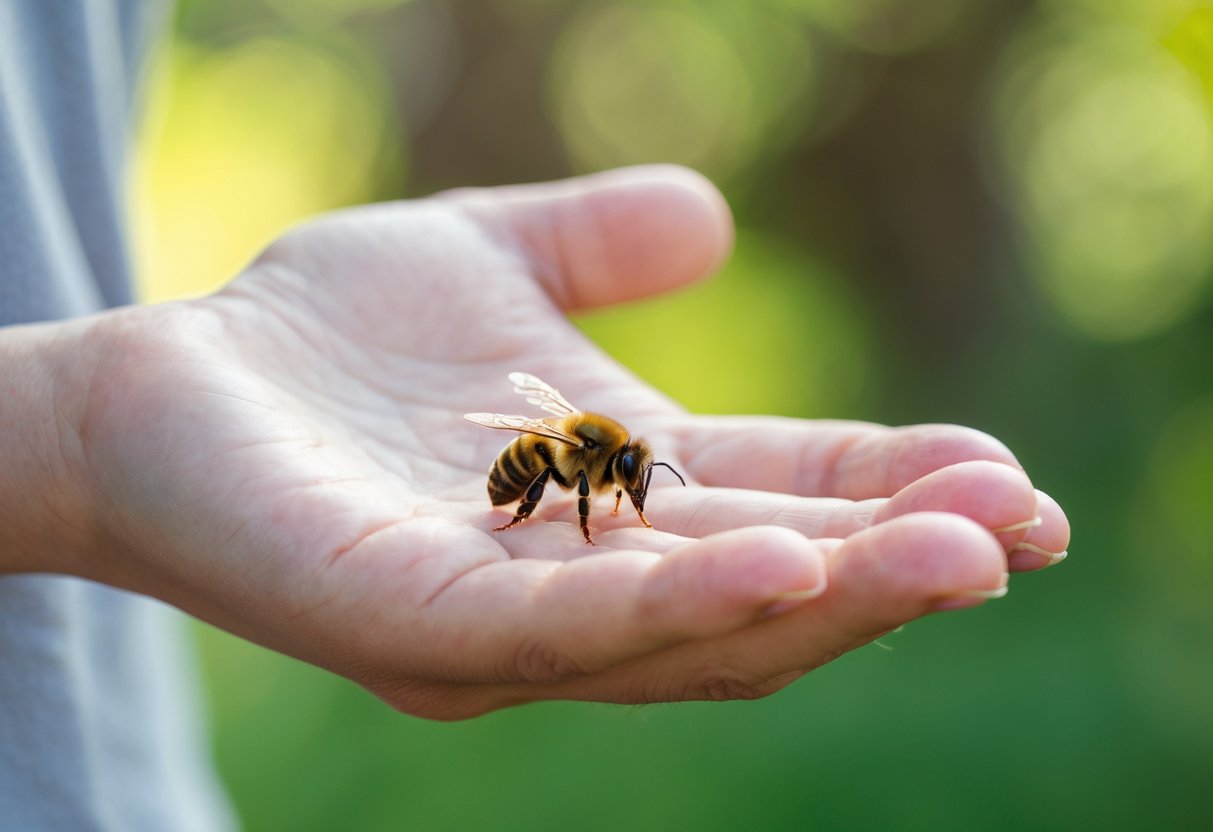 A person calmly holding their hand still with a bee resting on it outdoors in a garden.