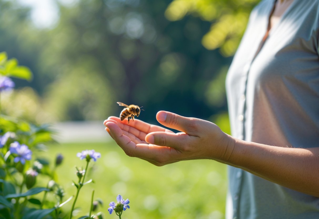 A person calmly observing a bee resting on their hand outdoors in a garden.