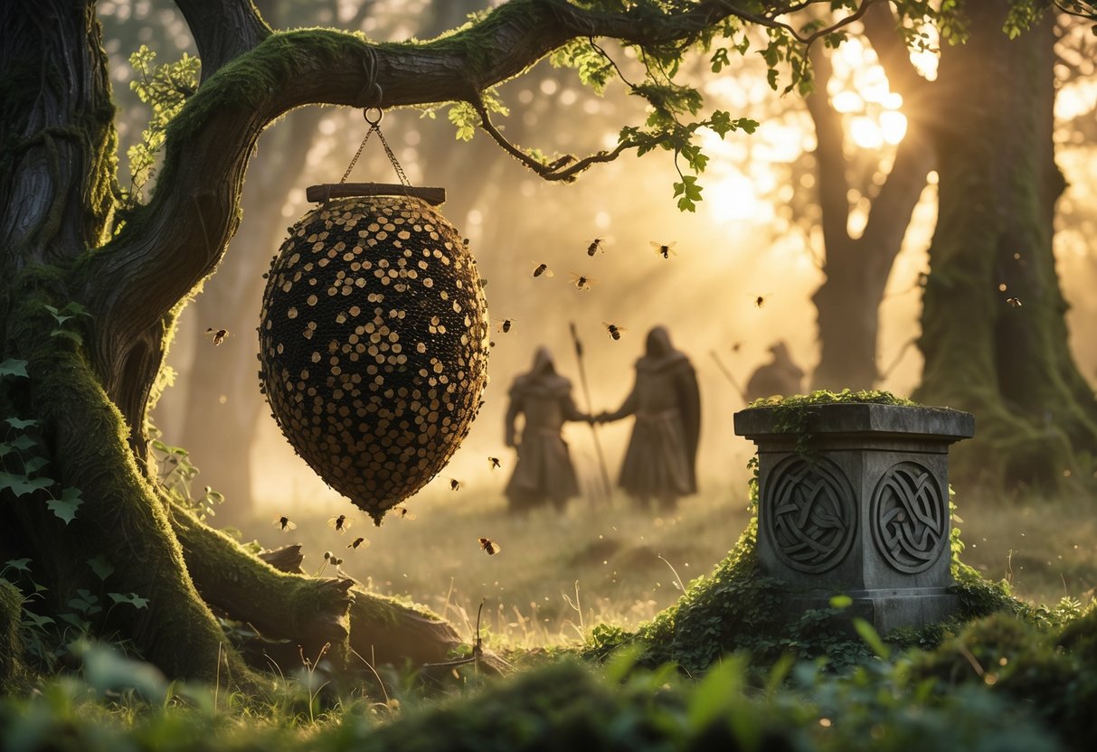 A close-up of a beehive hanging from an oak tree branch in a misty ancient forest with a stone altar carved with Celtic symbols nearby.