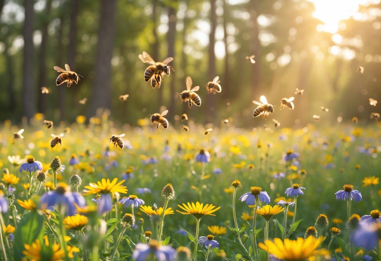 A sunlit meadow with wildflowers and honeybees flying and collecting nectar among the blossoms.
