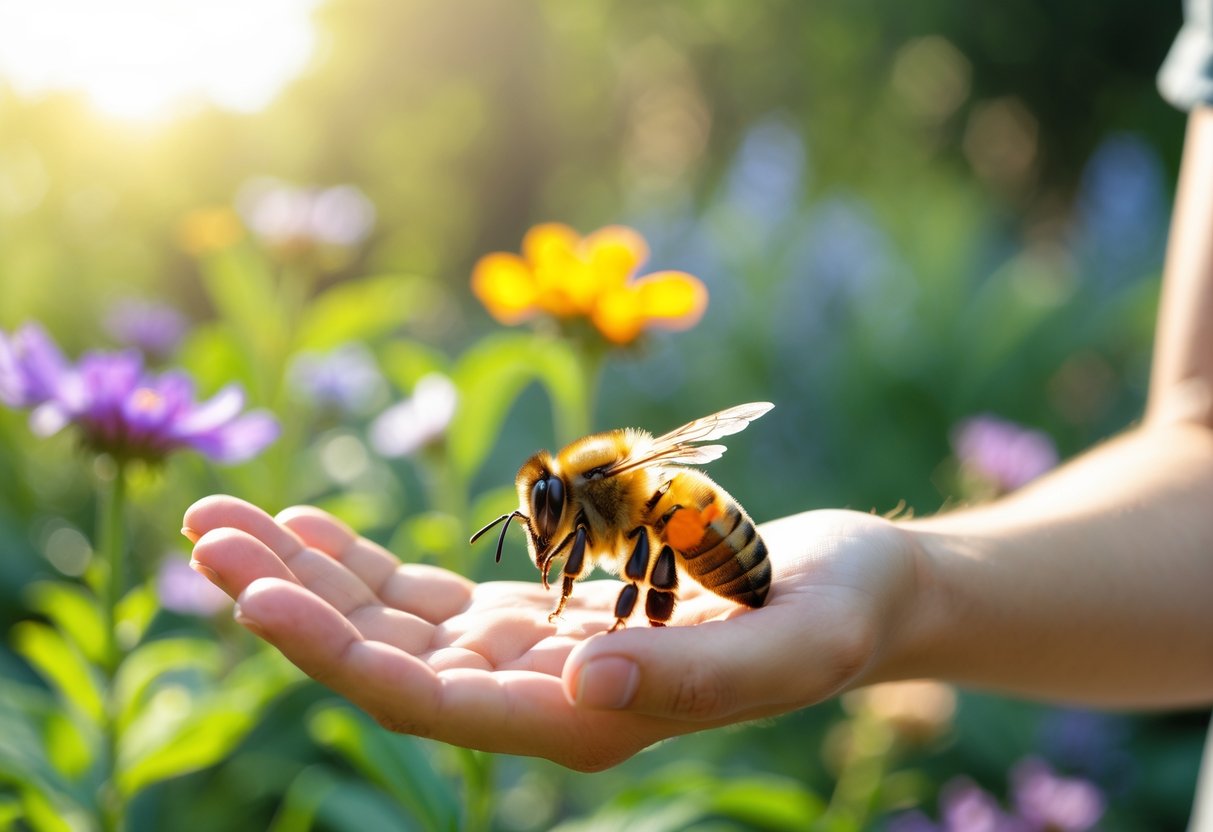 A honeybee landing on a person's hand in a garden with flowers and greenery.
