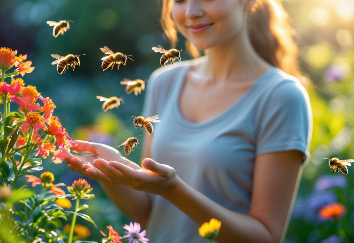 A young woman outdoors in a garden with bees landing on her hands and nearby flowers.