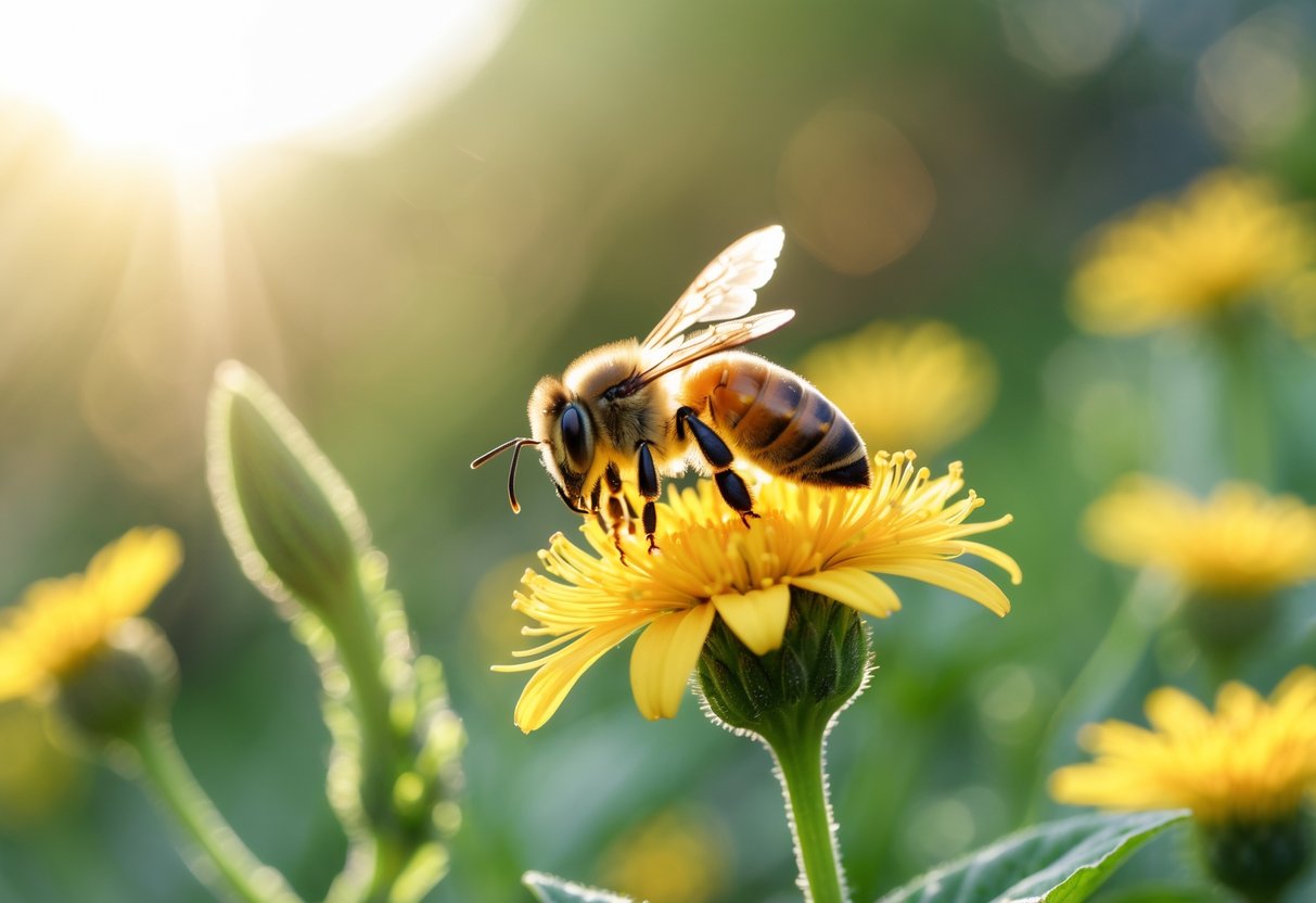 A honeybee resting on a yellow flower in a garden with blurred green plants in the background.