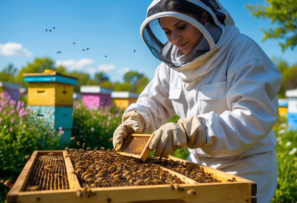 A person wearing a beekeeper suit handling a frame covered with bees in an apiary surrounded by flowers and beehives.
