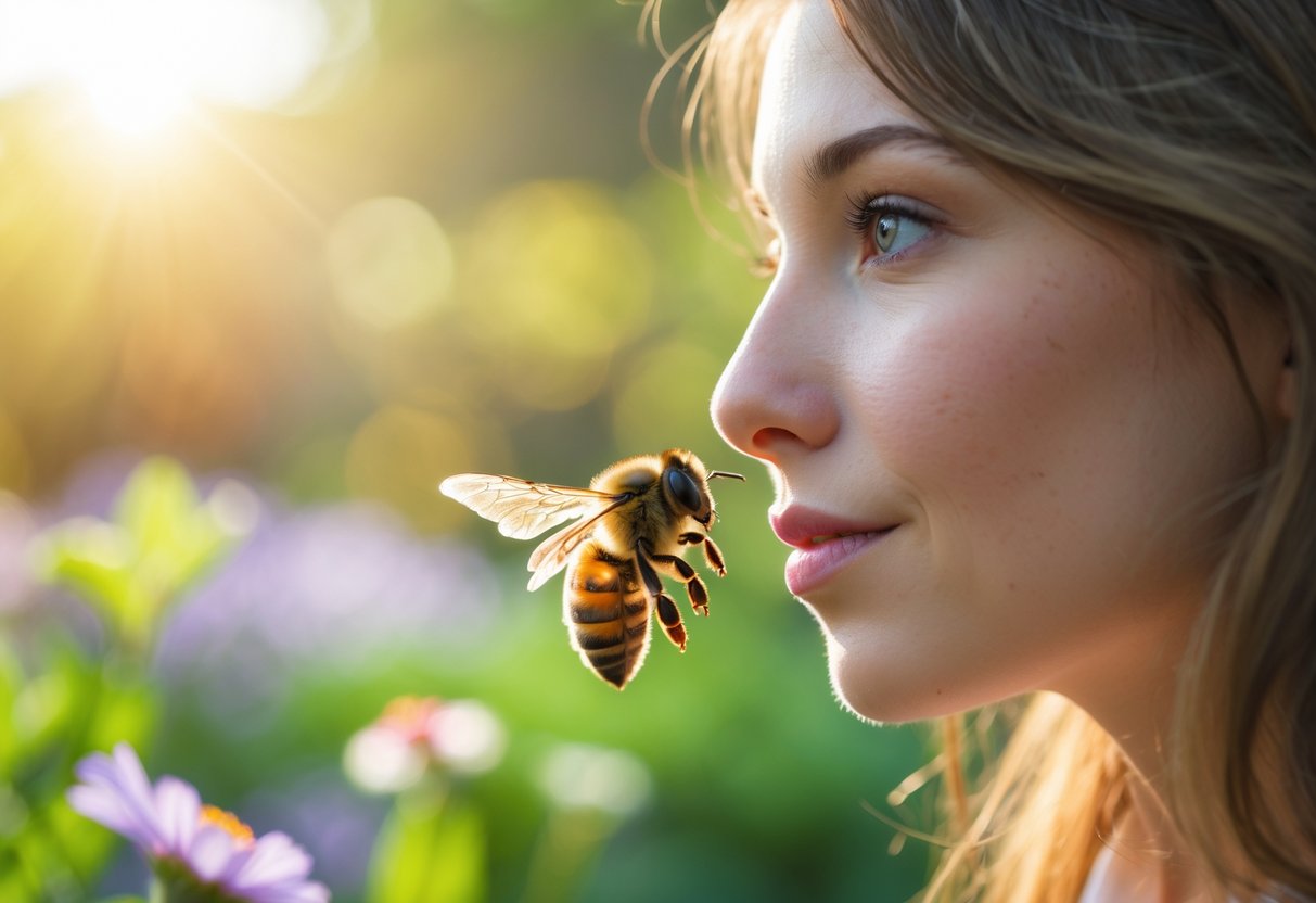 A person outdoors in a garden with a bee flying close to their face.