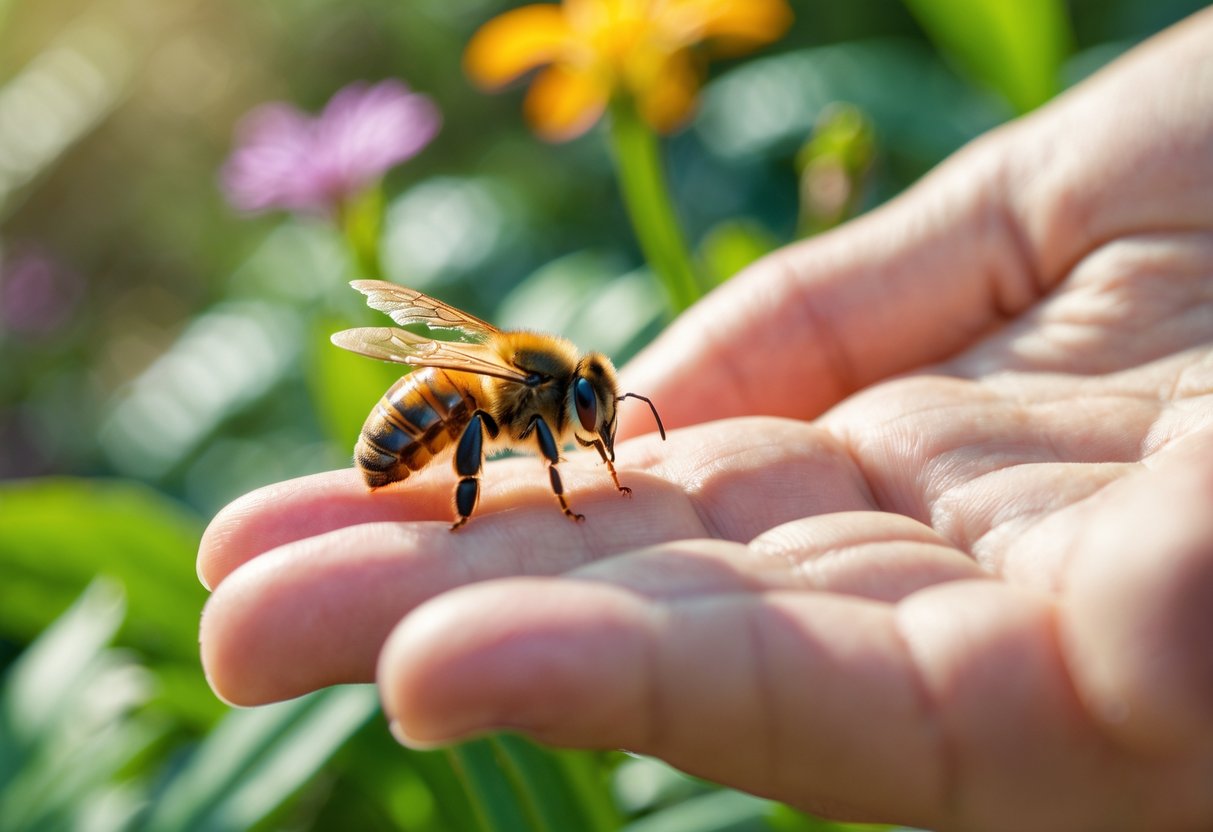 A bee perched on a person's fingertip outdoors with green plants and flowers in the background.