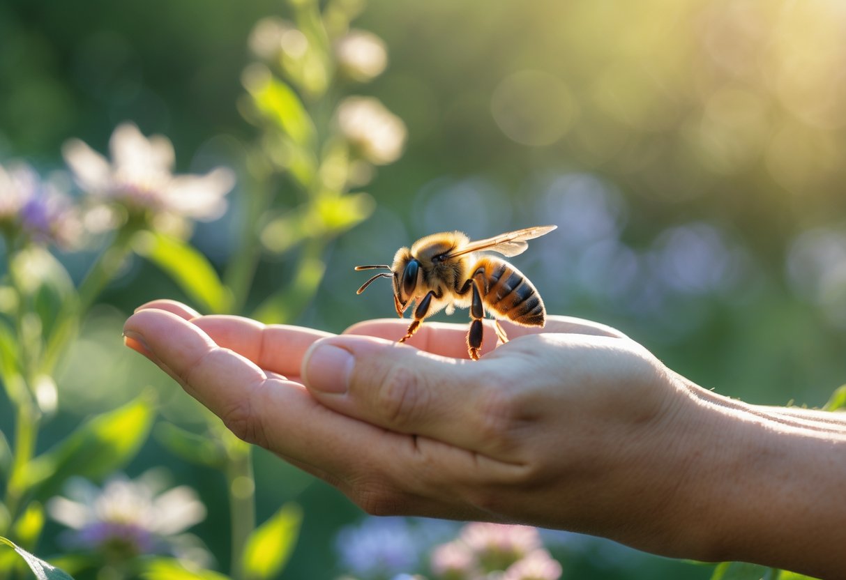 A person gently holding out their hand with a bee perched on it, surrounded by green plants and flowers.