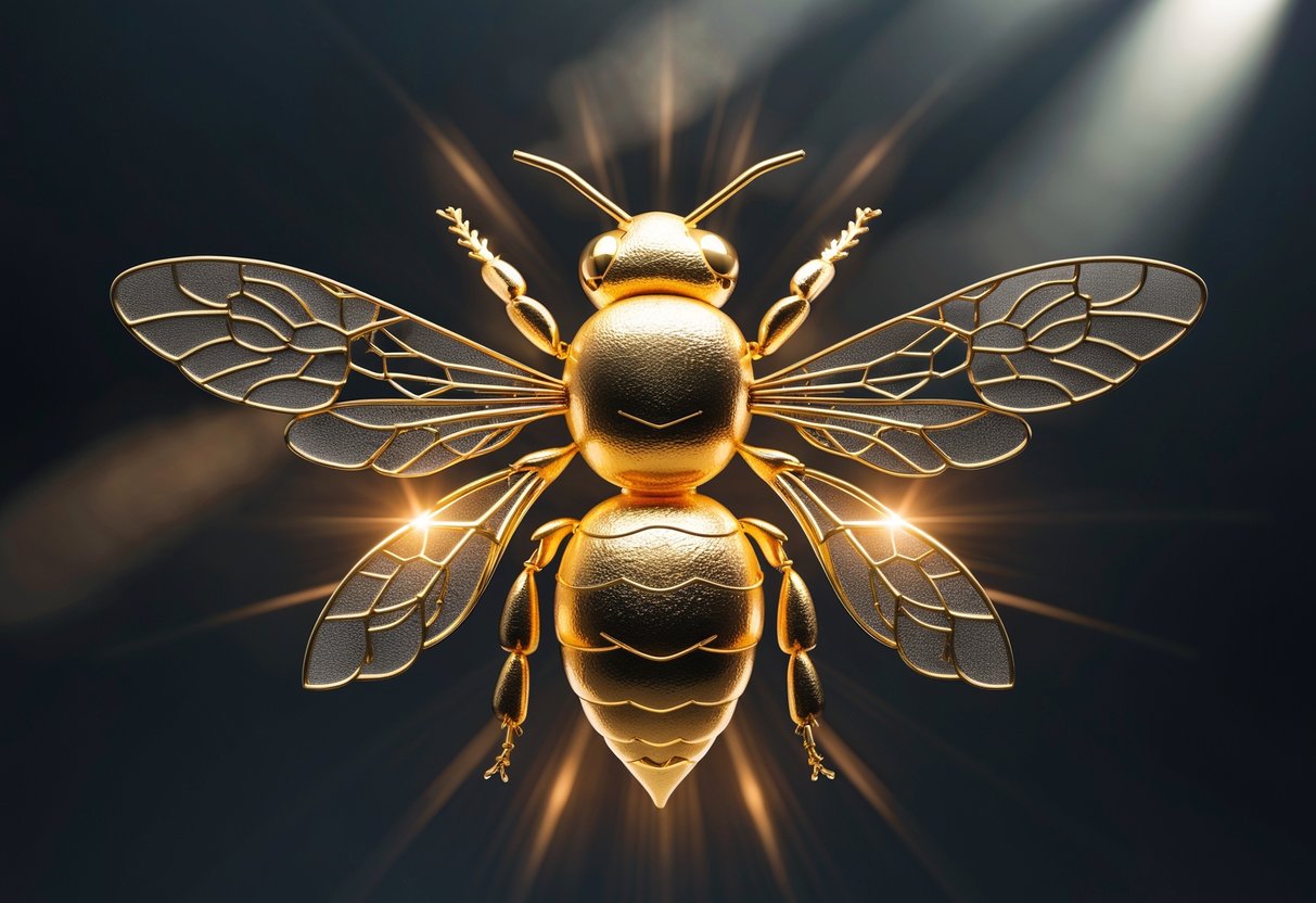 A detailed golden bee with patterned wings glowing softly against a dark background.