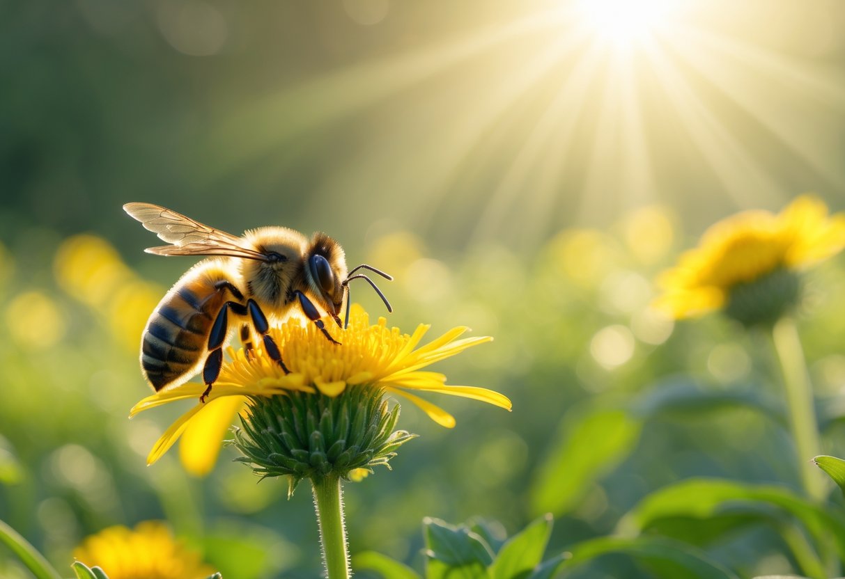 A bee resting on a yellow flower in a sunlit meadow surrounded by green plants.