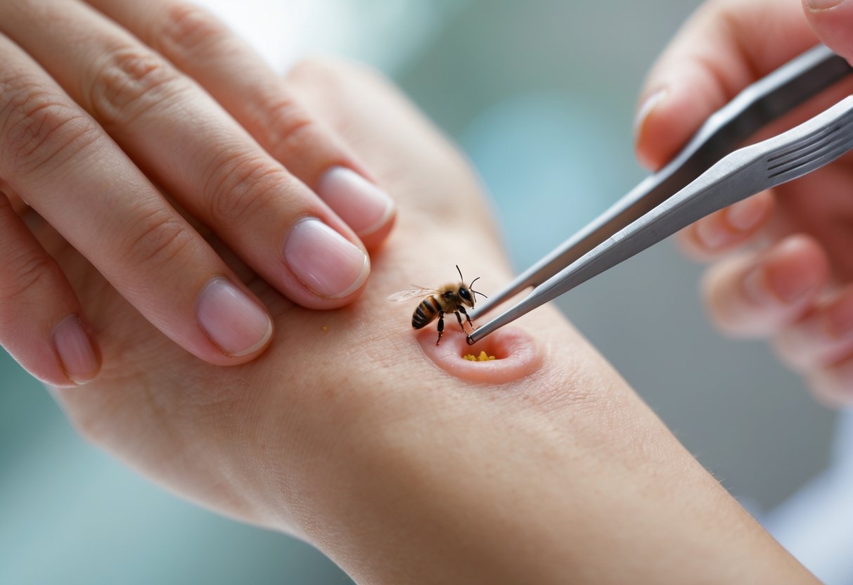 Close-up of a person's hand and forearm showing redness from a bee sting, with another hand holding tweezers near the sting site.