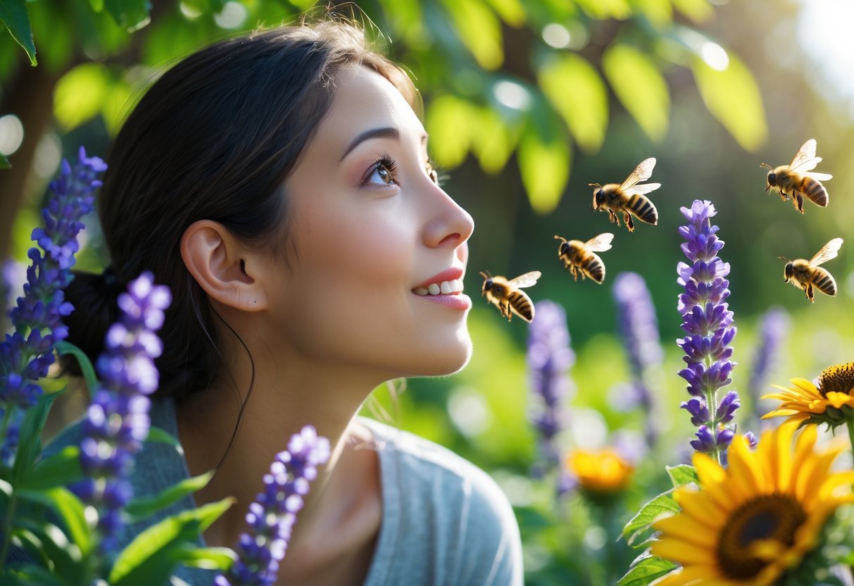 A person outdoors looking at bees flying around colorful flowers in a garden.