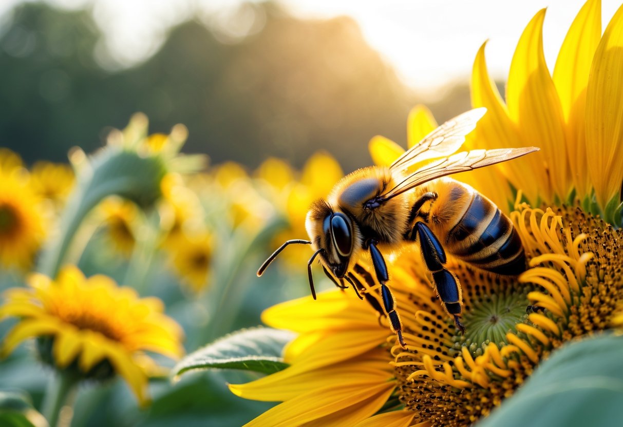 A honeybee collecting nectar from a yellow sunflower in a sunlit flower field.
