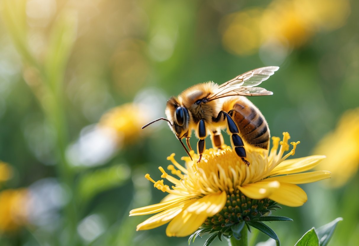 A honeybee sitting on a yellow flower surrounded by green leaves and blurred flowers in the background.