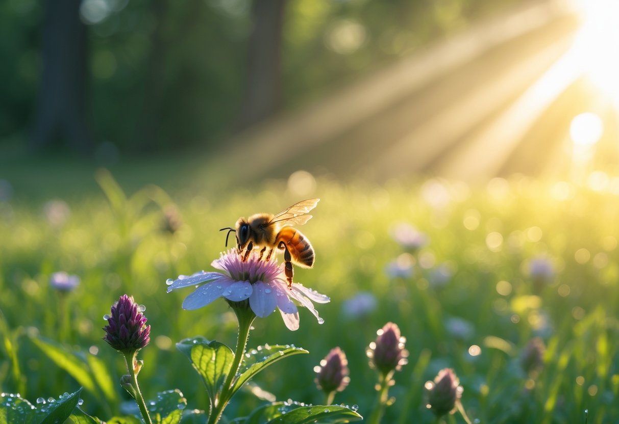 A close-up of a honeybee landing on a wildflower in a sunlit meadow with soft light filtering through trees.