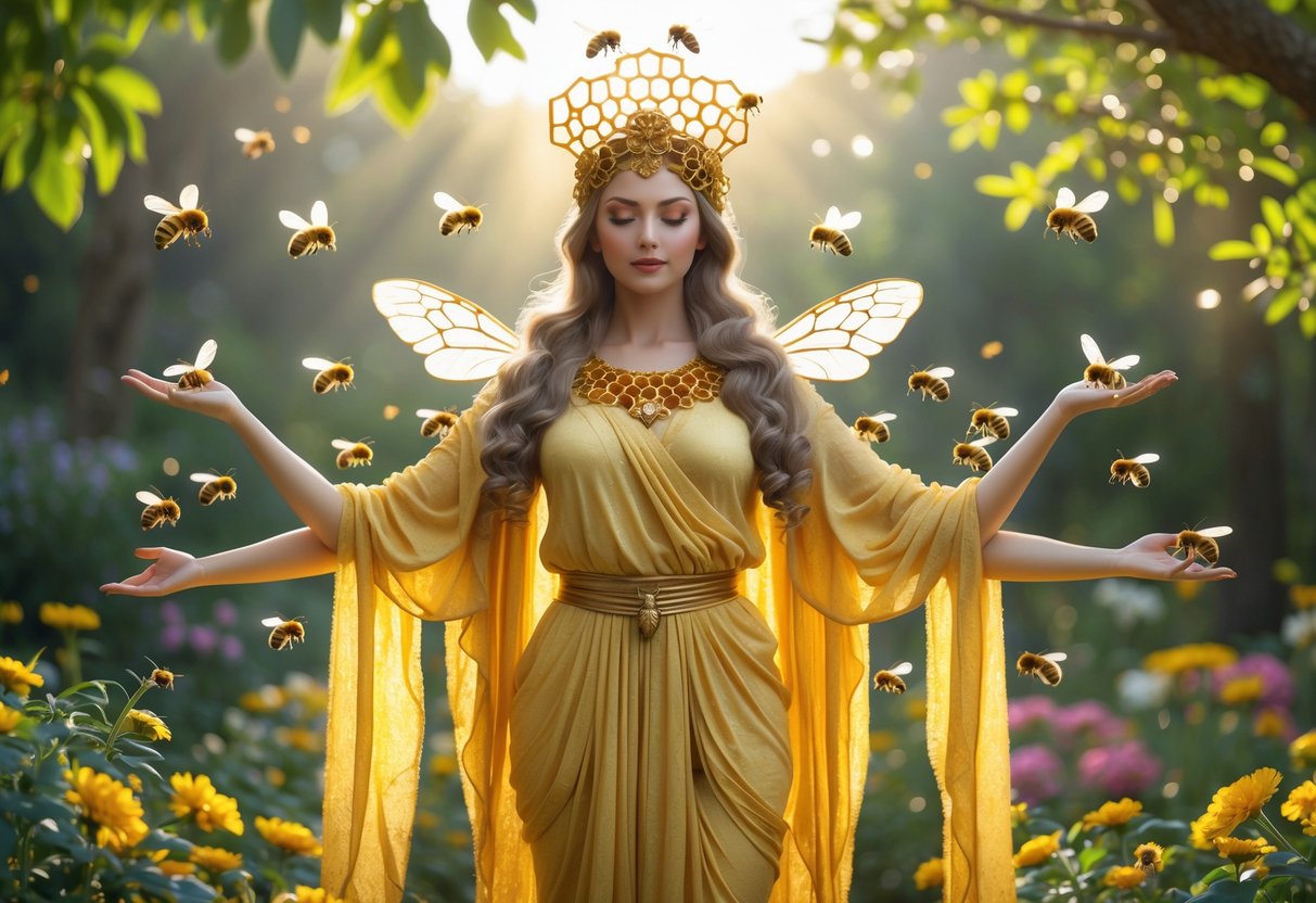 A serene female figure wearing a golden honeycomb crown surrounded by bees in a sunlit garden with blooming flowers.