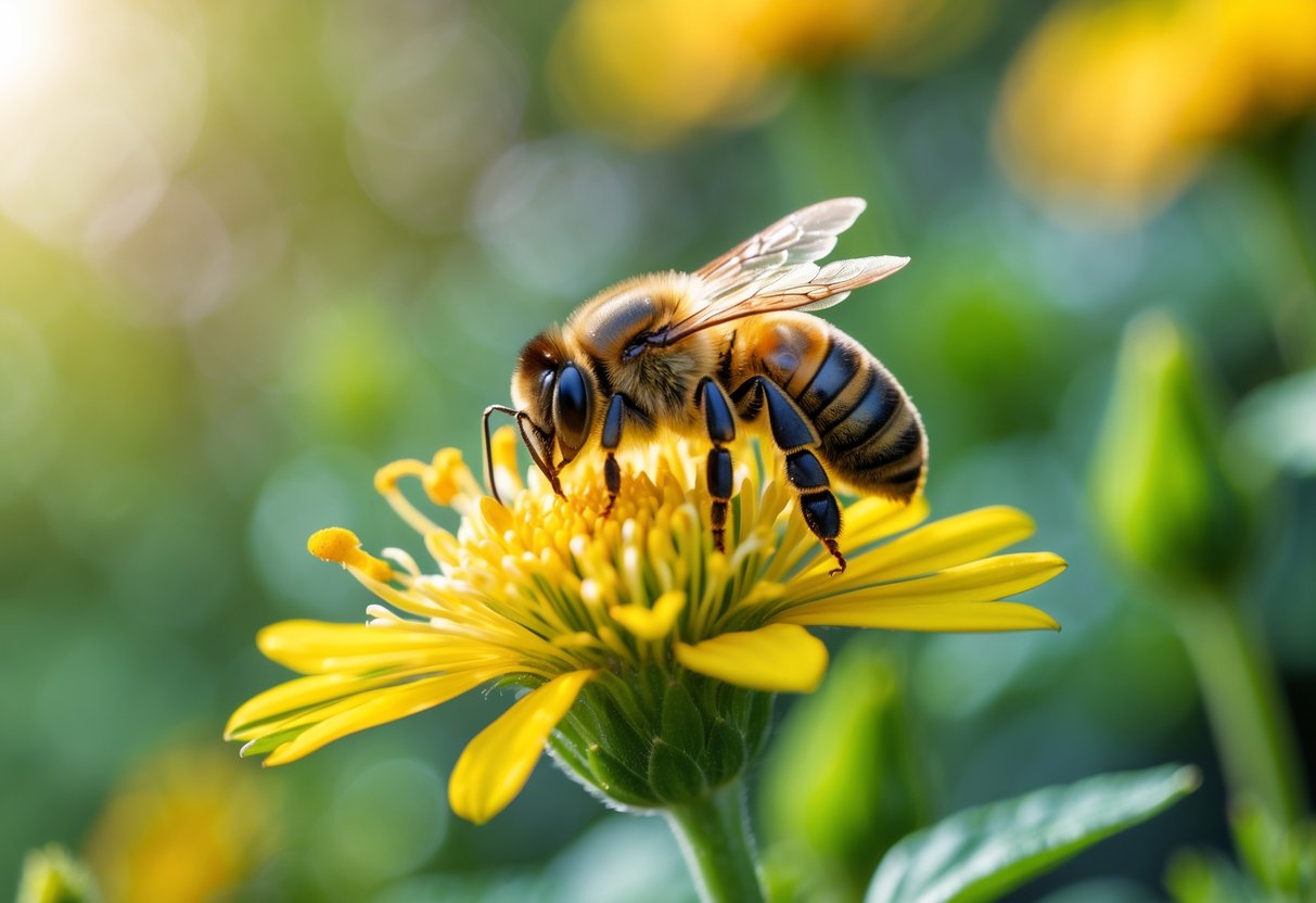 A close-up of a bee sitting on a yellow flower with green foliage in the background.