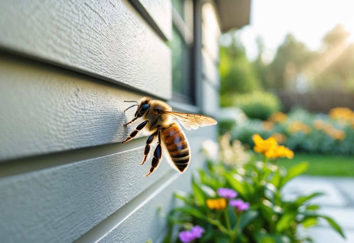 A bee landing on the outside wall of a house near a window with a garden in the background.
