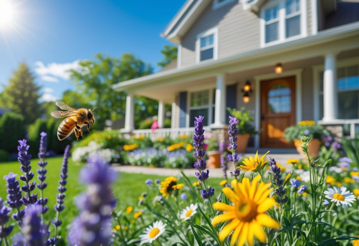 A honeybee flying near colorful flowers in front of a suburban house on a sunny day.