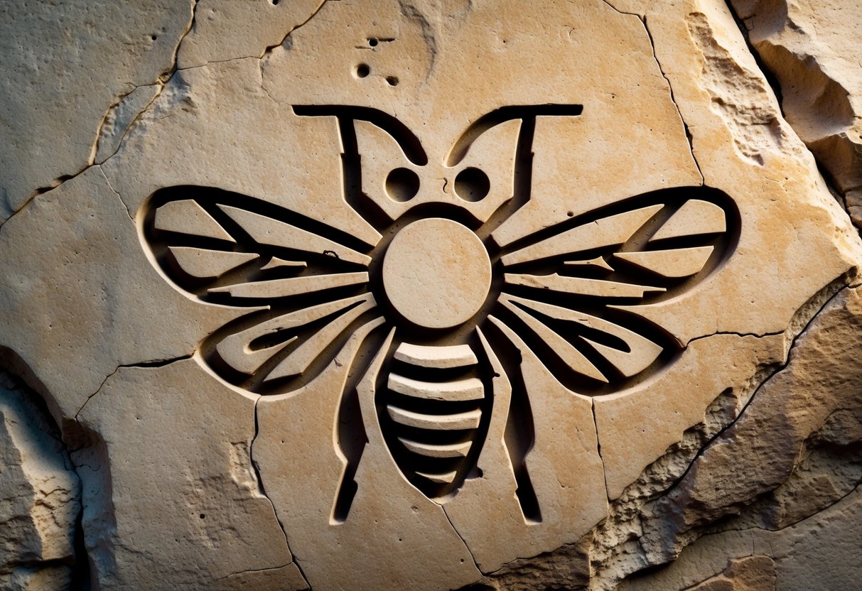 A carved ancient symbol of a bee on a weathered stone surface.