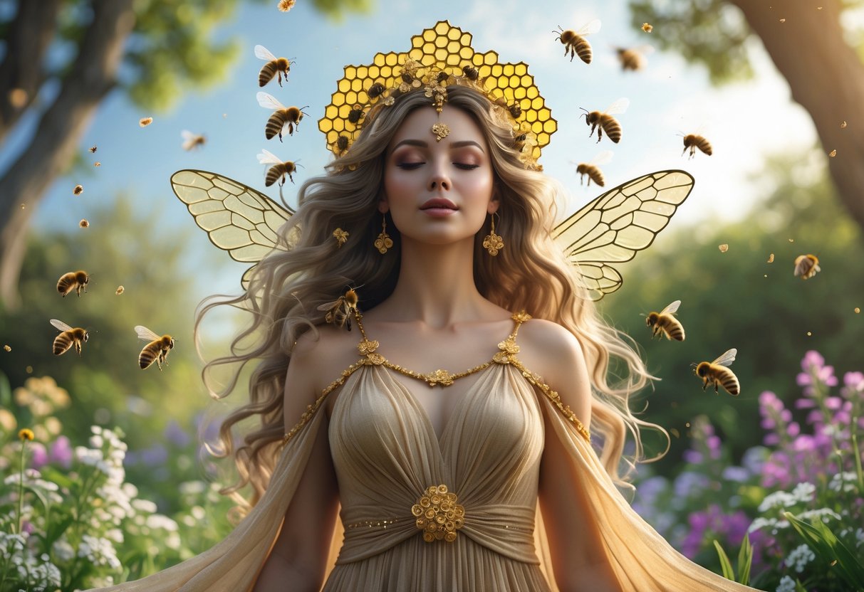 A radiant goddess figure surrounded by bees and flowers in a lush garden, wearing a honeycomb crown and an earth-toned gown.